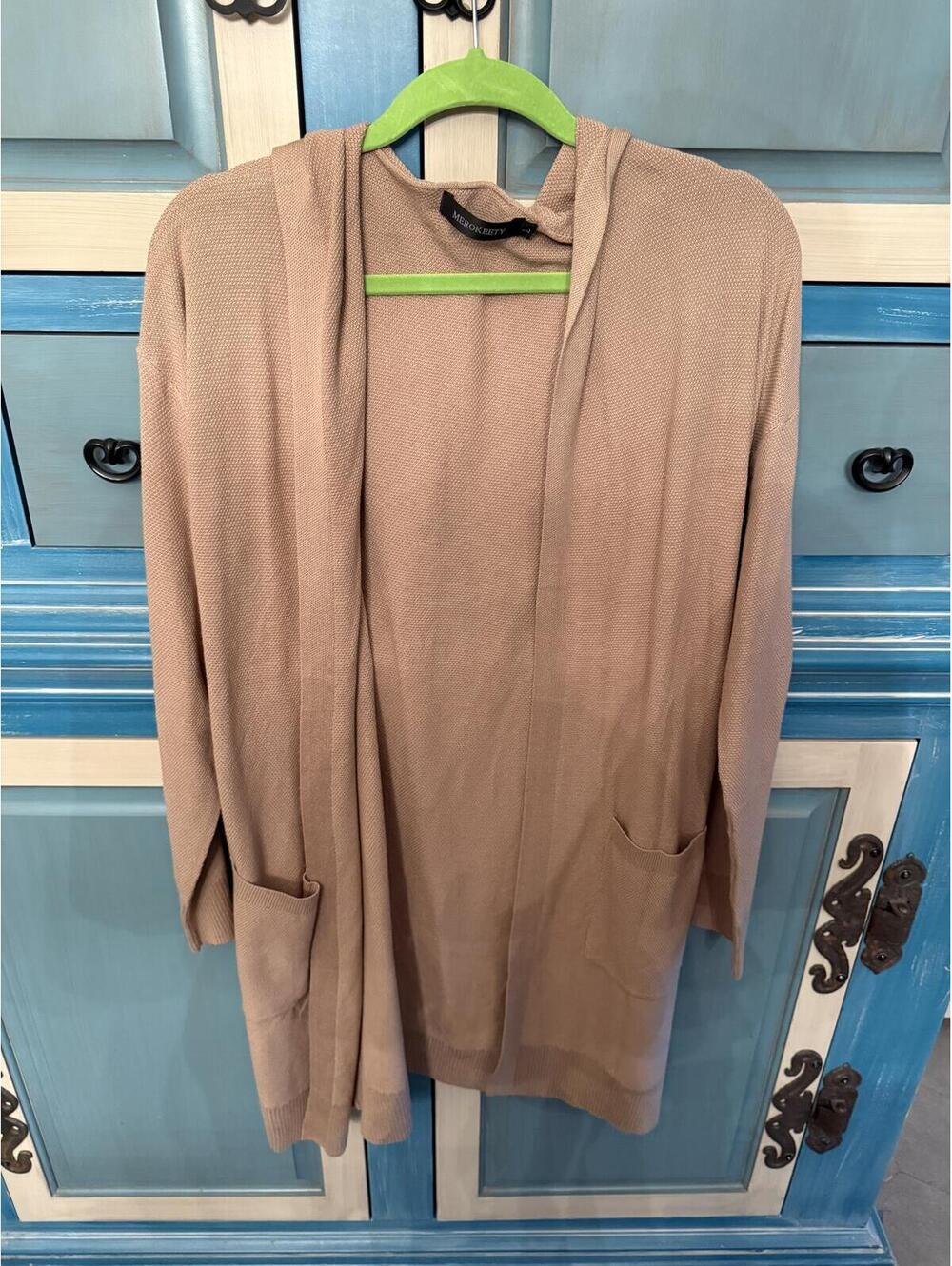 Merokeety Beige Hooded Open Front Cardigan Sweater Size L